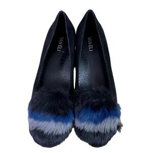 VAN ELi Flats Womens 9.5 Leather Dyed Rabbit Fur Black Blue Gray
